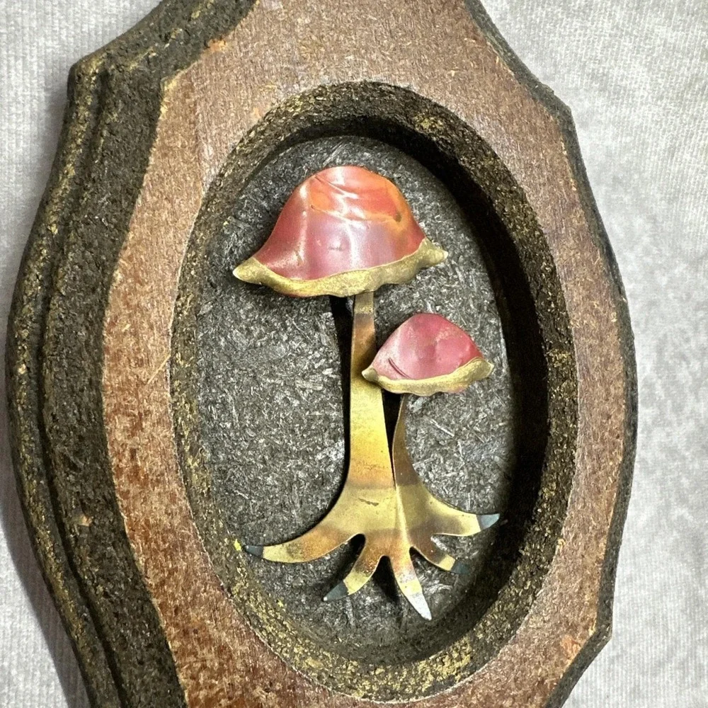 Vintage Mushroom Wall Hanging 1970s Boho Home Decor Metal and Wood